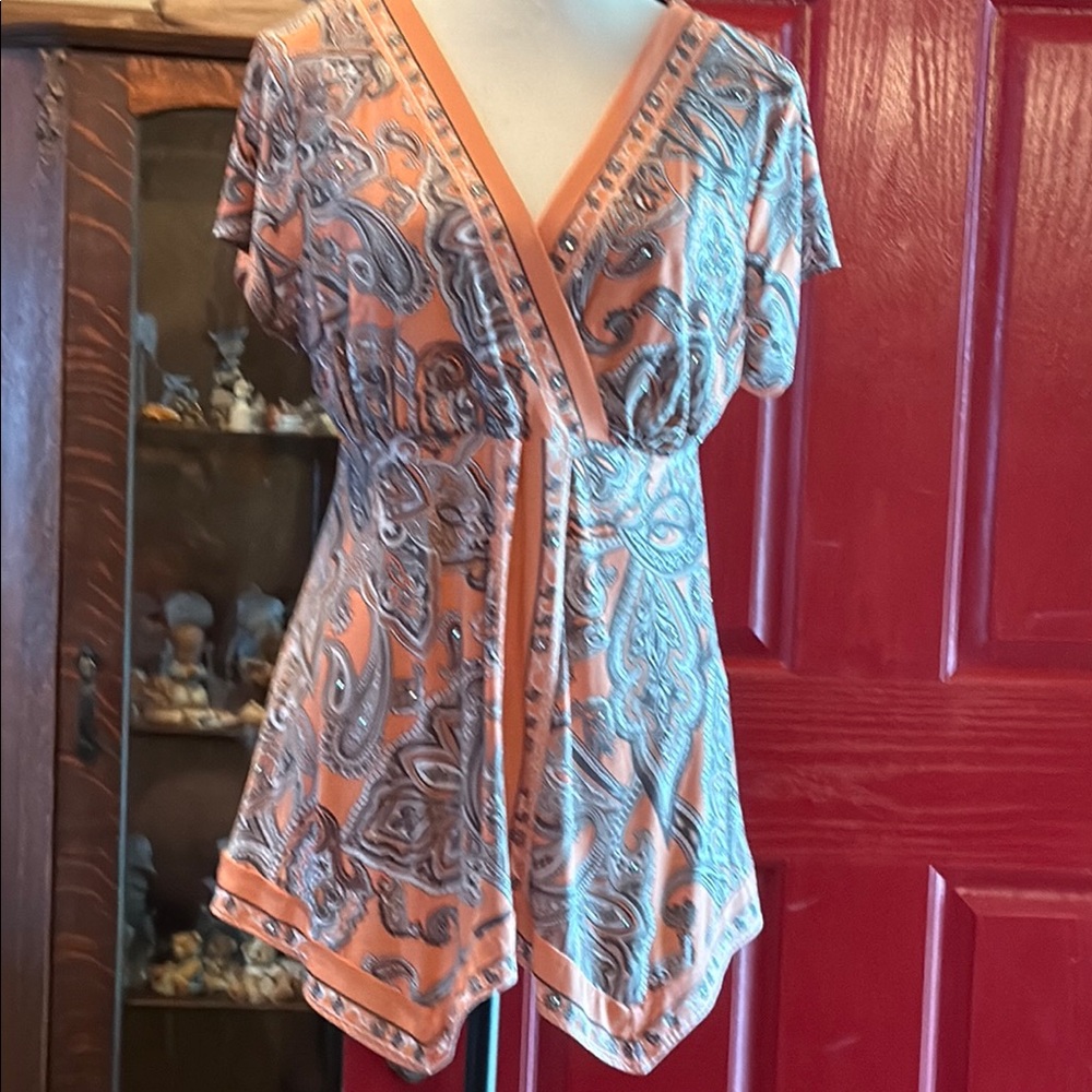 INC International Concepts Orange and Gray Flutter Sleeve Asymmetrical Blouse
